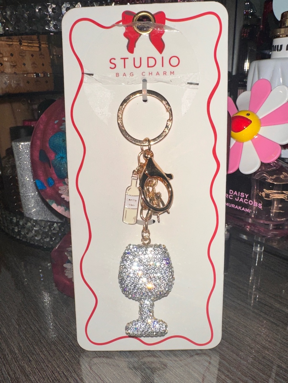 Studio Crystal Pavé Wine Glass Bag Charm - Gold Hardware